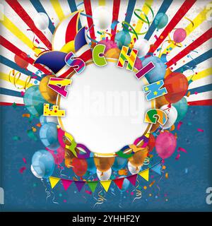 Paper Circle Jesters Cap Balloons Confetti Fasching retro Sun testo tedesco Fasching, Translate Mardi Gras. Foto Stock