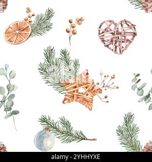 Motivo natalizio senza cuciture con piante invernali, fette di arancia secca e giocattoli natalizi in legno, cuore di vimini e Stella in rattan. Disegnato a mano Foto Stock