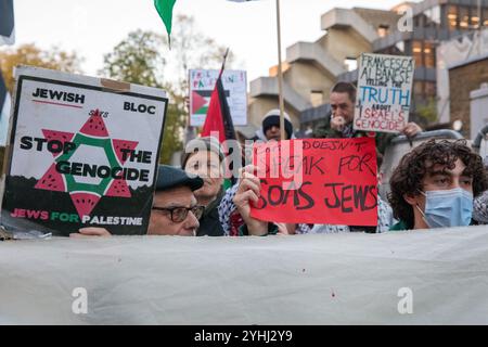 Londra, Regno Unito. 11 novembre 2024. Uno studente ebreo ha un segno che afferma che la "CAA (campagna contro l'antisemitismo) non parla per gli ebrei SOAS" durante una contro-protesta organizzata dagli studenti della SOAS Jewish Society a sostegno della relatrice speciale delle Nazioni Unite sui territori palestinesi occupati (OPT) Francesca Albanese che era stata invitata a parlare alla Scuola di studi Orientali e africani. Una protesta contro l'evento era stata organizzata dalla CAA. Il relatore speciale è un esperto indipendente nominato dal Consiglio per i diritti umani delle Nazioni Unite per seguire e riferire sulla situazione dei diritti umani Foto Stock