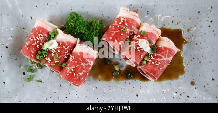 Fetta di spalla di maiale kagoshima kurobuta di prima qualità servita su piatto di ceramica con salsa e scalogno tritato. Vista dall'alto Foto Stock