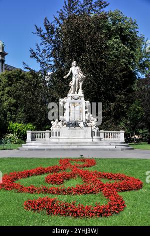 Statua di Mozart nel giardino del castello di Burggarten e un baluardo floreale in primo piano Foto Stock