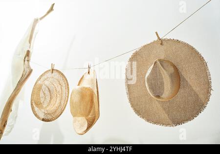 Driftwood e un cappello di paglia su una corda Foto Stock