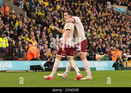 Anis Mehmeti di Bristol City celebra il gol di apertura di Bristol City con Luke McNally di Bristol City - Norwich City contro Bristol City, Sky Bet Championship, Carrow Road, Norwich, Regno Unito - 9 novembre 2024 solo uso editoriale - si applicano restrizioni DataCo Foto Stock