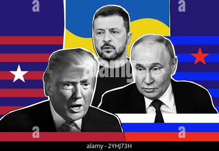 Ritratto di Donald Trump , Vladimir Putin e Vladimir Zelenskyy . Effetto collage mezzitoni. Foto Stock