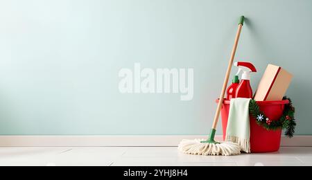 Banner natalizio per i servizi di pulizia. Secchi, spazzoloni, prodotti per la pulizia. Spazio di copia, per il testo. Foto Stock