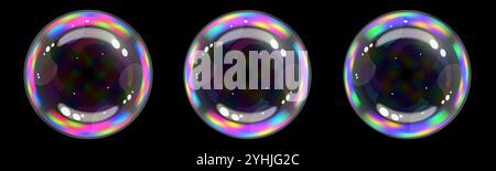 Palline con bolle di sapone Set di colori arcobaleno, sfera trasparente con effetto spettro colore, realismo di illustrazione vettoriale Illustrazione Vettoriale
