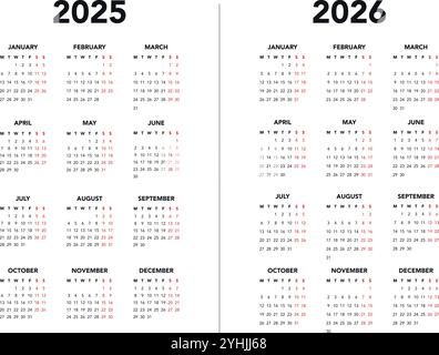 I modelli vettoriali di Calendar 2025 e 2026 iniziano lunedì progettazione semplice Illustrazione Vettoriale
