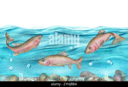 Motivo senza cuciture con pesci d'acqua dolce. Trota arcobaleno sott'acqua. Acqua blu. Illustrazione ad acquerello disegnata a mano. Foto Stock