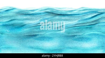 Bordo senza cuciture con acqua blu. Sfondo onde. Clipart di pesca. Illustrazione ad acquerello disegnata a mano. Foto Stock