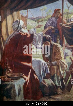 Illustrazione di Isaac Blessing Jacob - Rebekah e l'inganno di Jacob di Isacco (Genesi) da Antique Children's Book Boys of the Bible di Elizabeth ha Foto Stock
