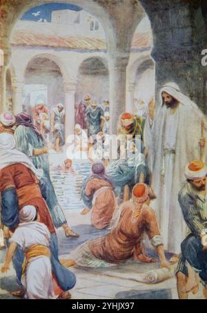 Illustrazione di Gesù Cristo che guarisce l'uomo paralizzato nella piscina di Bethesda dall'Antico libro per bambini Happy Hours with Jesus di John F. Shaw Foto Stock