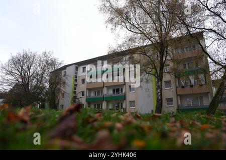 Elmshorn, Germania. 12 novembre 2024. Vista di un condominio dove vive l'accusato diciassettenne ed è stato arrestato dalla polizia con l'accusa di terrorismo. Secondo gli investigatori, i sospetti piani di attacco di un diciassettenne di Elmshorn nello Schleswig-Holstein erano motivati dall'islamismo. L'ufficio del pubblico ministero di Flensburg ha annunciato che l'atteggiamento estremista islamico del diciassettenne aveva recentemente portato a piani sufficientemente concreti per un attacco. Il sospetto e' stato arrestato la settimana scorsa. Crediti: Marcus Brandt/dpa/Alamy Live News Foto Stock