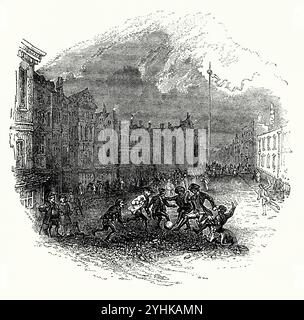 I primi calciatori giocavano nello Strand, Londra, Inghilterra, Regno Unito – una vecchia incisione intorno al 1750. Le radici del calcio in Gran Bretagna risalgono al "Medieval football", che veniva giocato ogni anno a Shrovetide (il martedì grasso e il mercoledì delle ceneri). Questi giochi erano spesso molto violenti e giocavano in gran parte senza regole. Con lo sviluppo del gioco, l'Inghilterra fu il primo paese a codificare (a Londra nel 1863) e regolare lo sport. Foto Stock