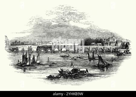 Una vecchia incisione che mostra la costruzione del Westminster Bridge sul Tamigi, Londra, Inghilterra, Regno Unito negli anni '1740 Per oltre 600 anni (almeno 1129-1729), il più vicino ponte sul Tamigi al London Bridge fu a Kingston. Un ponte a Westminster fu proposto nel 1664. Fu costruito tra il 1739 e il 1750, sotto la supervisione dell'ingegnere svizzero Charles Labelye. Il ponte è stato inaugurato il 18 novembre 1750. Foto Stock