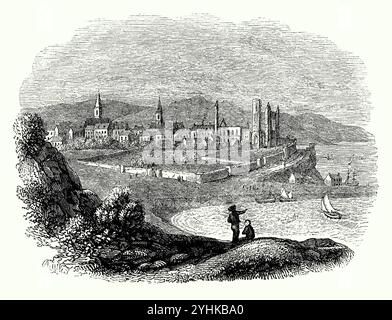 Un'antica incisione di St Andrews, Fife, Scozia, Regno Unito, una città sulla costa orientale della contea, 30 miglia (50 km) a nord-est di Edimburgo. La città è sede dell'Università di St Andrews, la terza università più antica del mondo di lingua inglese e la più antica della Scozia. La famosa cattedrale di St Andrews (al centro a destra), la più grande della Scozia, fu costruita nel 1160. Nel 1559, la città cadde in rovina dopo la riforma scozzese e la cattedrale divenne rovine. St Andrews è anche conosciuta in tutto il mondo come la "casa del golf". Foto Stock
