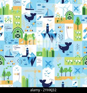 Uno splendido motivo colorato che mostra la natura e varie scene e scenari di avventura Illustrazione Vettoriale