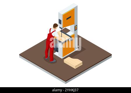Sega isometrica a nastro macchina per legno. L'uomo, indossando guanti protettivi di sicurezza, utilizza una macchina per il legno con sega a nastro per tagliare un pezzo di legno. Guida con attenzione Illustrazione Vettoriale