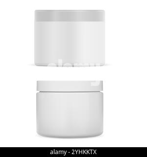 Vasetto per crema cosmetica. Mockup contenitore in plastica bianco. Pacchetto crema viso modello trasparente. Illustrazione vuota del modello del vaso di lozione. Confezione di unguento per mani di lusso Illustrazione Vettoriale