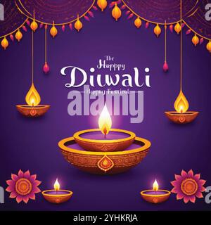 Happy Diwali, tradizionale sfondo del festival indiano con lampade brucianti e fuochi d'artificio Illustrazione Vettoriale