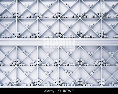 Griglia di stoccaggio simmetrica con white paper arrotolati dal design moderno Foto Stock