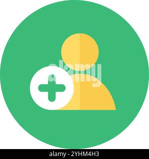Adesivo verde rotondo che aggiunge un nuovo utente all'icona della chat online. Nuovo abbonato nell'elemento del sistema di contabilità delle informazioni e di controllo dei dati. Semplice vettore piatto Illustrazione Vettoriale