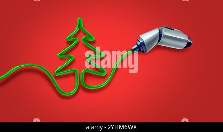EV festeggiamenti per le festività invernali e le festività natalizie tecnologia per veicoli elettrici o stazione di ricarica automatica durante il freddo inverno come un albero di pino. Foto Stock