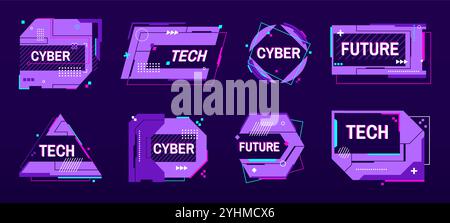 Cornici per banner tecnici. Etichette futuristiche cibernetiche e modelli di badge glitch digitali con caselle di testo astratte fantascienza ed elementi di design hi-tech. Glitter Illustrazione Vettoriale
