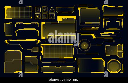 Elementi di interfaccia HUD tecnologici futuristici. Pannelli di controllo digitali, frame dell'interfaccia utente cyber, pulsanti digitali, barra delle didascalie, schermate Sci Fi con schemi di griglia e. Illustrazione Vettoriale