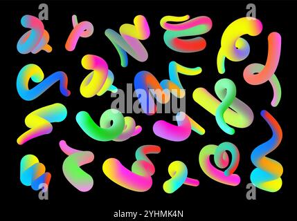 Forme 3D sfumate. Linee colorate astratte, forme tortuose e vivaci curve fluide. Tubi gradienti in stile fluido con transizione uniforme della fusione di colori Illustrazione Vettoriale