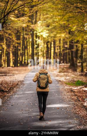 Turista che cammina su una strada di campagna vuota attraverso una foresta autunnale. Donna con zaino che fa trekking nel bosco Foto Stock