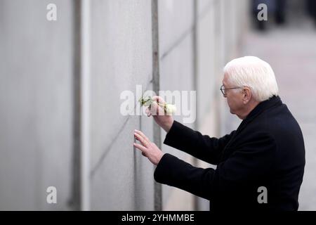 Steinmeier, muro di Berlino - Commemoration DEU, Deutschland, Germania, Berlino, 09.11.2024 Bundespraesident Frank-Walter Steinmeier hinterlegt eine weisse Rose in einem Mauerspalt bei einer Zeremonie mit Kerzen zum Gedenken an die Maueropfer in der Gedenkstaette Berliner Mauer in der Bernauer Straße im Rahmen der Feierlichkeiten zum 35. Jahrestag vom Mauerfall alle 9:00. Novembre 1989 a Berlino Germania . Die Mauer 1961 von der ehemaligen ostdeutschen Regierung errichtet, fiel waehrend einer friedlichen Revolution AM 9. Novembre 1989 und ebnete den Weg für die Wiedervereinigung der beiden deutschen S. Foto Stock