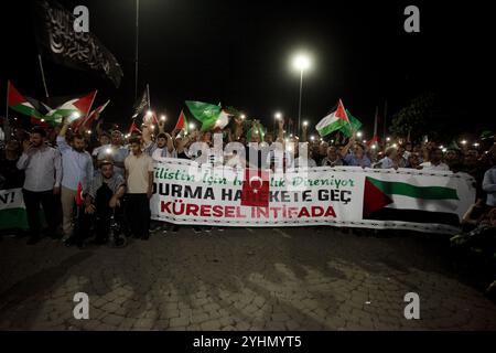 Gaziantep, Turkiye. 3 agosto 2024. Migliaia di manifestanti si recano per le strade della città turca meridionale di Gaziantep per protestare contro il recente assassinio del leader di Hamas Ismail Haniyeh. I manifestanti portavano bandiere turche accanto a bandiere palestinesi, oltre alle immagini di Ismail Haniyeh. Diverse proteste hanno avuto luogo in tutta Turkiye dall'assassinio del leader di Hamas nella capitale iraniana all'inizio di mercoledì 31 luglio Foto Stock