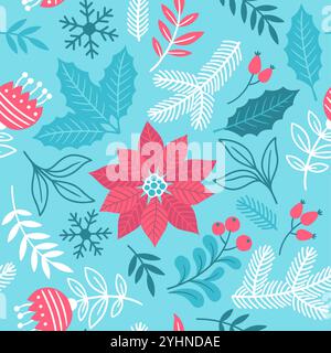 Disegno a mano senza cuciture di design natalizio con foglie di agrifoglio, punta e rami di alberi di Natale. Stampa di moda per sfondo, vacanze Illustrazione Vettoriale