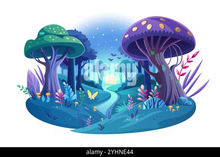 Il magico paesaggio della foresta di notte. Mondo da favola spaventoso con funghi al neon e alberi blu di foresta mostruosa, fiori e fogliame fitto, fiume e pipistrelli che volano nell'illustrazione vettoriale dei cartoni animati cielo Illustrazione Vettoriale