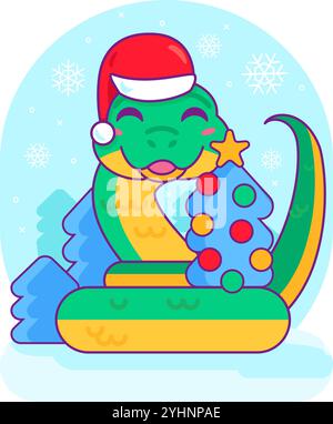Carino simbolo del capodanno cinese del 2025 del serpente con cappello di Babbo Natale per la stampa, illustrazione vettoriale dei cartoni animati su sfondo blu innevato Illustrazione Vettoriale