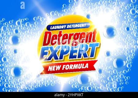 Detergente per lavanderia template annunci banner con bolle di sapone Illustrazione Vettoriale