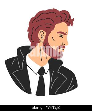 Ritratto di un bel giovane con barba e giacca di pelle. Bellezza, moda e stile. La faccia di un uomo. Illustrazione vettoriale piatta isolata su bianco Illustrazione Vettoriale