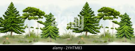 Soffici abeti e pini sottili su un bordo orizzontale senza cuciture. Illustrazione digitale acquerello. La farfalla vola sopra un ceppo. Prati verdi isolati o Foto Stock