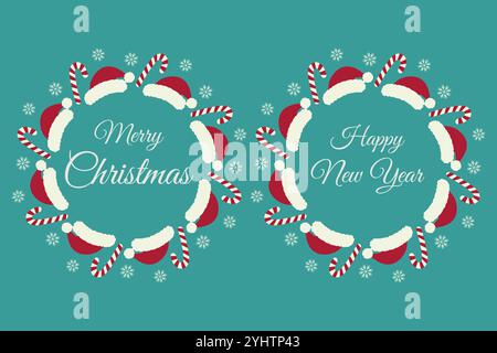 Sposare Natale e felice anno nuovo lettering Circle Frame Babbo Natale, caramelle e iscrizioni. Set di 2 isolati su biglietti d'auguri, poster, opuscoli, tag o promo Web per illustrazioni Vector color smeraldo Illustrazione Vettoriale