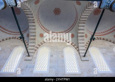 24/10/2024. La Moschea Blu, Istanbul, Turchia. I soffitti decorati sul bordo del cortile. La Moschea Blu, ufficialmente Moschea del Sultano Ahmed (turco: Sultan Ahmet Camii), è una storica moschea imperiale dell'epoca ottomana situata a Istanbul, Turchia. Fu costruita tra il 1609 e il 1617 durante il dominio di Ahmed i e rimane oggi una moschea funzionante. Attira anche un gran numero di turisti ed è uno dei monumenti più iconici e popolari dell'architettura ottomana. La moschea ha una classica disposizione ottomana con una cupola centrale circondata da quattro semi-cupole sopra la sala di preghiera. Foto Stock