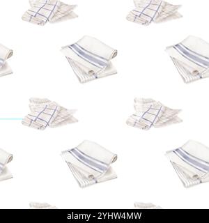Asciugamani da cucina con striscia blu su motivo senza cuciture. Illustrazione digitale acquerello. Pile di tovaglioli e tovaglie in tessuto isolato sul bianco Foto Stock