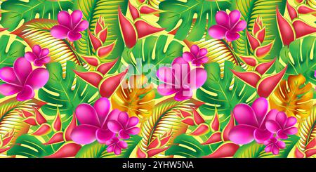 Foglie di palma monstera con ibisco e fiori di plumeria rosa sfondo astratto. Elegante stampa estiva di fiori esotici.motivo tropicale senza cuciture. Illustrazione Vettoriale