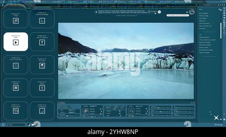 Software DI INTELLIGENZA ARTIFICIALE che trasforma i messaggi di testo in video del paesaggio ghiacciato per progetti multimediali. Generatore di intelligenza artificiale da testo a video che trasforma le parole in clip di formazioni di ghiaccio naturali Foto Stock