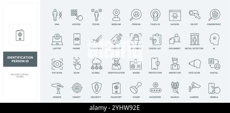 Occhio di scansione e impronte digitali, faccia nello scanner quadrato sottile contorno nero simboli illustrazione vettoriale. Set di icone di identificazione utente, ID card e badge dipendente, linea di riconoscimento biometrico. Illustrazione Vettoriale