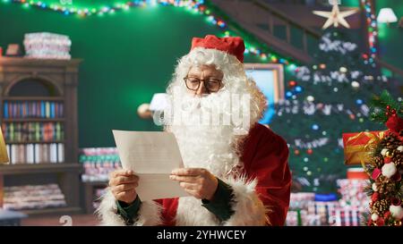 Babbo Natale legge lettere e dice che ho ho ho nella sua cabina di festa, preparando regali x mas per rendere felici i bambini durante le festività invernali. Vecchio con l'iconica tuta rossa. Telecamera A.. Foto Stock