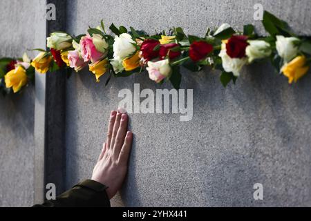 Berlino, Germania. 9 novembre 2024. Fiori al Memoriale del muro di Berlino dopo la cerimonia commemorativa che ha segnato il 35° anniversario della caduta del muro di Berlino. (Credit Image: © Beata Zawrzel/ZUMA Press Wire) SOLO PER USO EDITORIALE! Non per USO commerciale! Foto Stock