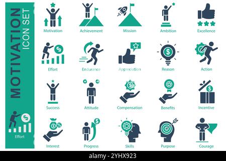 Set di icone motivazione. stile icona a tinta unita. icona relativa al business. raggiungimento, impegno, ambizione e altro ancora. illustrazione vettoriale dell'elemento aziendale Illustrazione Vettoriale