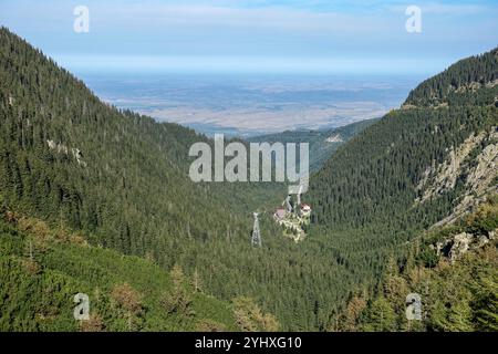 Vista aerea della stazione della funivia di Balea, Transfăgărășan, Romania, annidata tra densa montagne boscose con una vasta pianura in lontananza Foto Stock