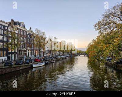 Amsterdam Paesi Bassi 24 novembre 2024, mentre il sole tramonta, le tonalità dorate coprono i canali iconici di Amsterdam, mentre gli alberi gettano foglie e le auto fiancheggiano la strada Foto Stock