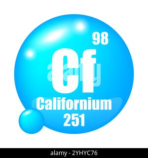 Icona californio. Elemento chimico CF. Numero atomico 98. Massa 251. Immagine sfera blu. Illustrazione Vettoriale